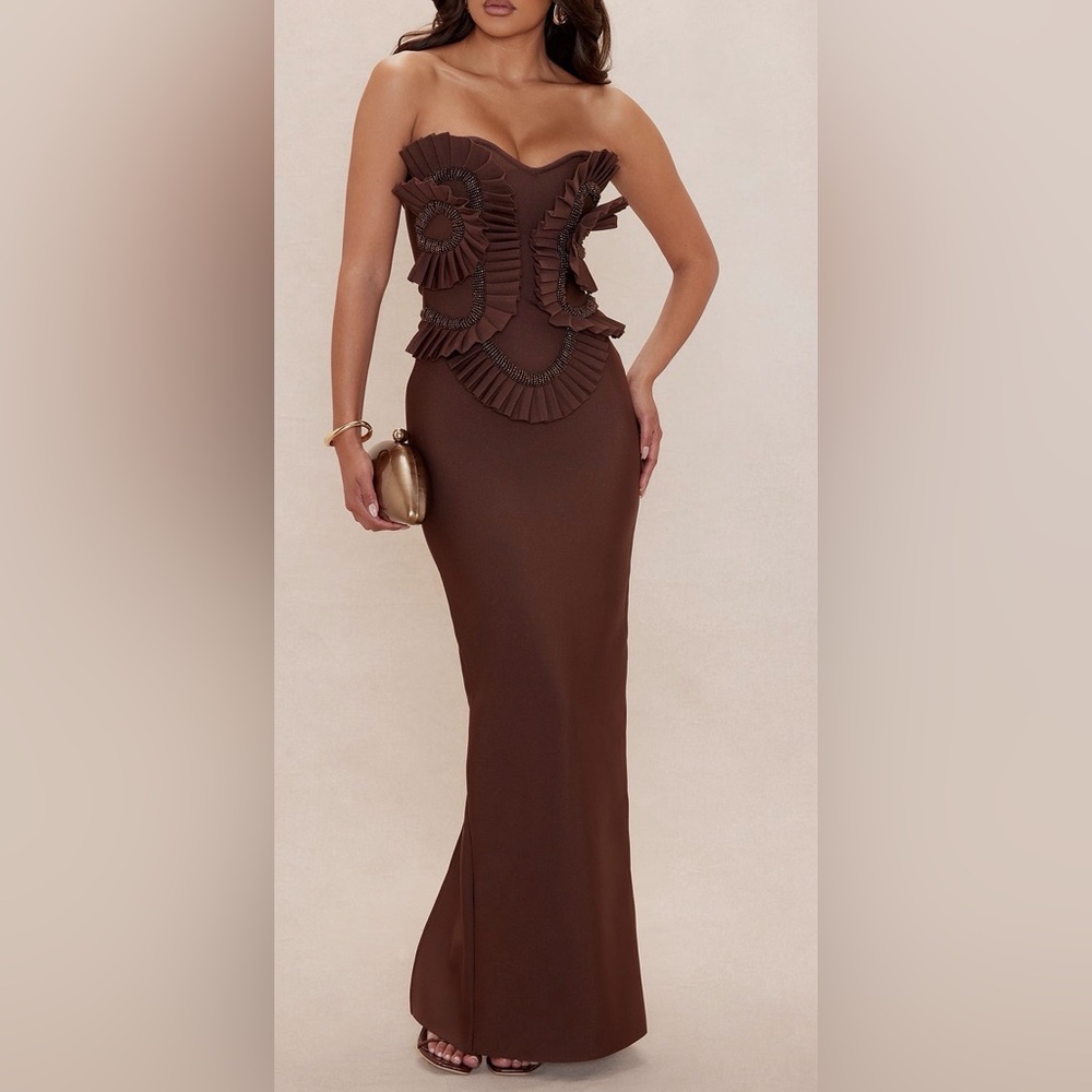 Western Chocolate Brown Ruffled Beaded bandage maxi Dress